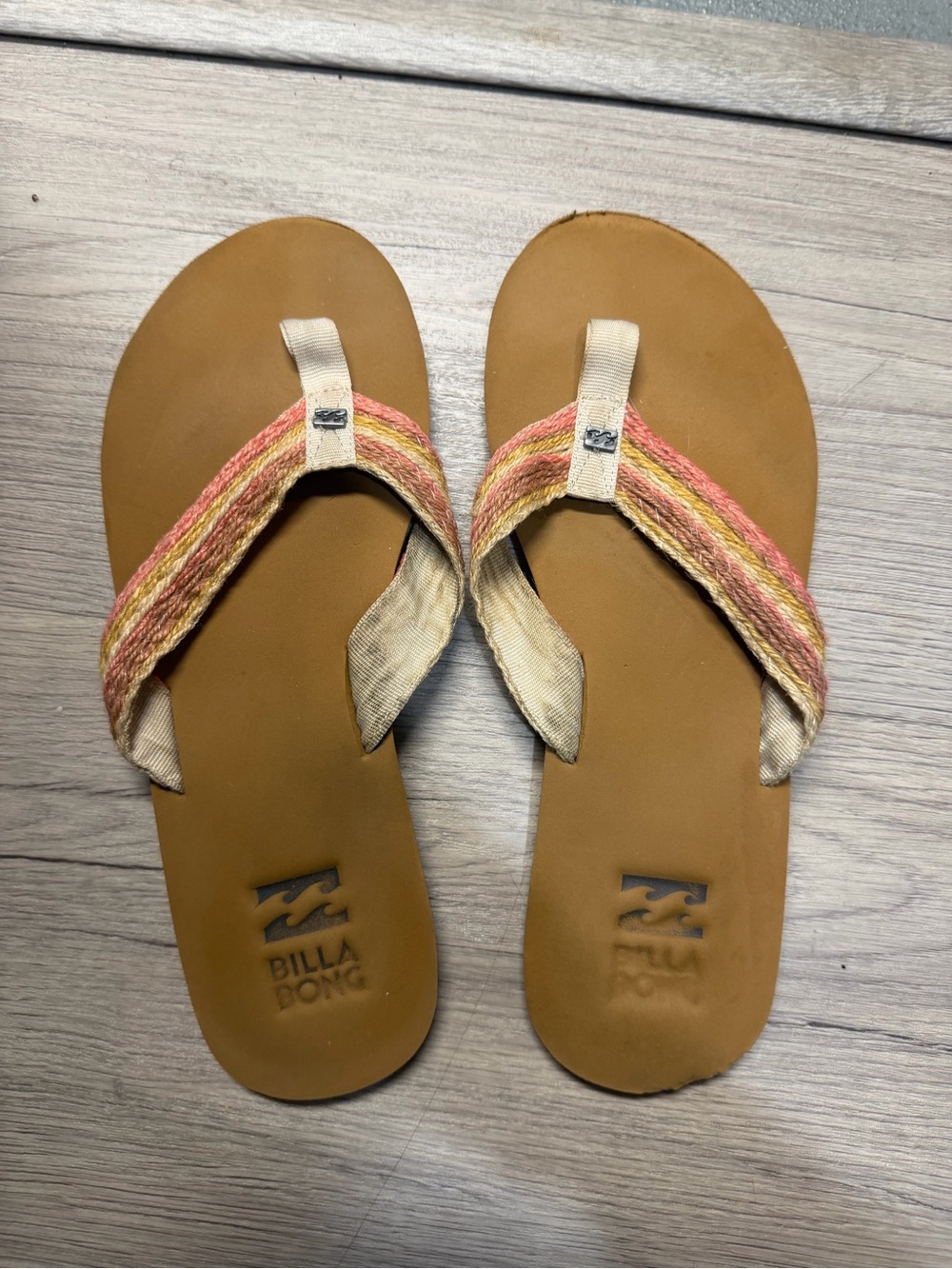 Billabong Tan Flip Flops with Pink and Yellow Straps